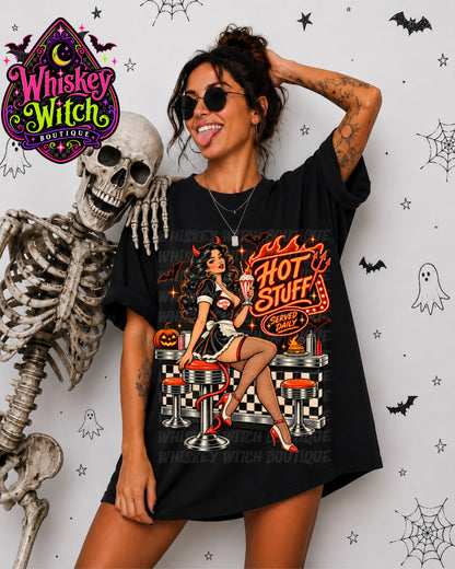 Hot Stuff Halloween Shirt or Sweatshirt | Retro Devil Girl Diner Tee | Vintage Spooky Pinup Halloween Top