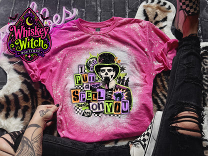 I Put a Spell on You Bleached Tee – Spooky Skeleton Graphic Shirt
