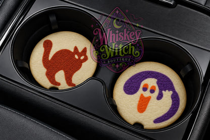 Halloween Cookie Car Coasters | Black Cat & Ghost Cup Holder Set of 2