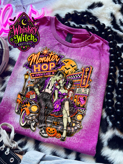 Monster Hop Halloween Shirt | Retro Frankenstein & Bride Diner Tee | Bleached Halloween T-Shirt