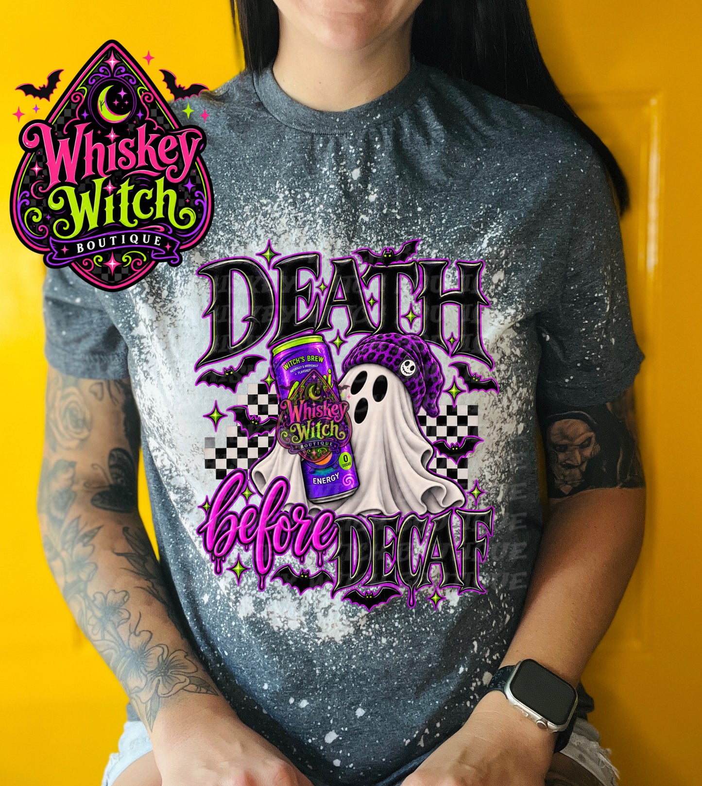 Death Before Decaf Ghost Shirt | Bleached Spooky Halloween Tee