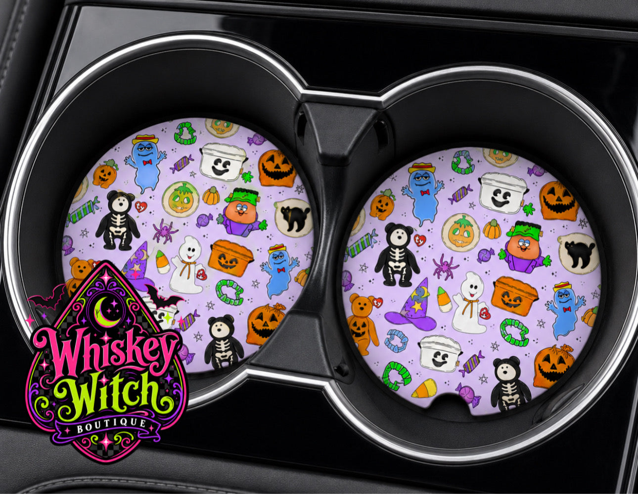 Lavender Halloween Car Coasters | Retro Spooky Nostalgia Cup Holder Set of 2