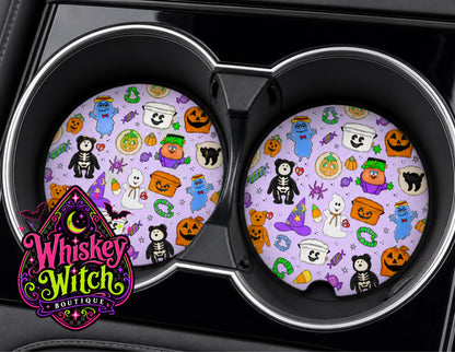 Lavender Halloween Car Coasters | Retro Spooky Nostalgia Cup Holder Set of 2