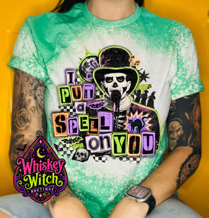I Put a Spell on You Bleached Tee – Spooky Skeleton Graphic Shirt