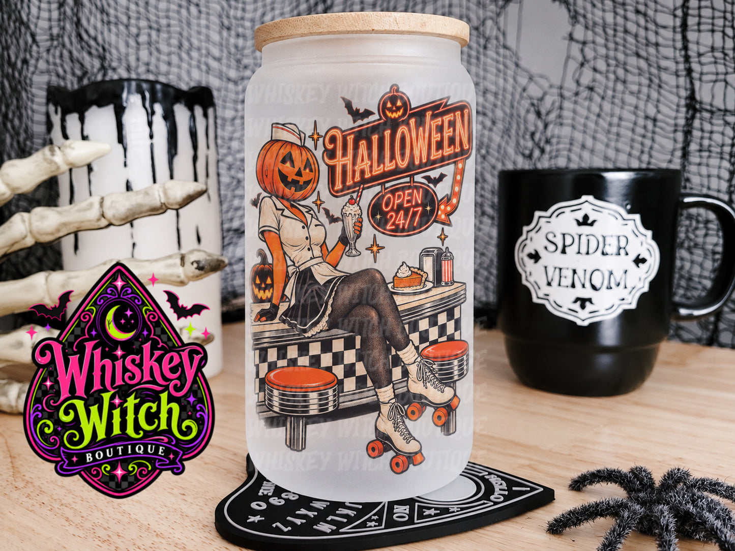 Halloween Diner 16 oz Frosted Glass Cup | Retro Pumpkin Girl Glass Cup | Spooky Halloween Cup with Bamboo Lid & Straw