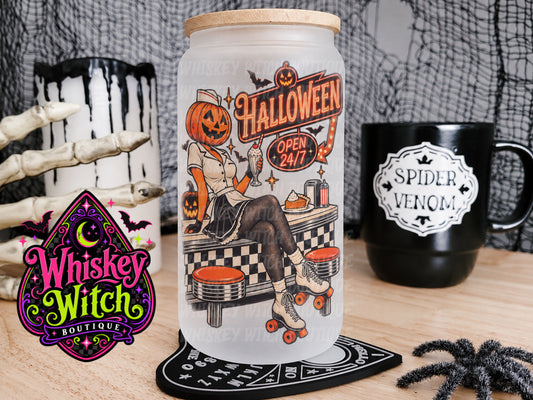 Halloween Diner 16 oz Frosted Glass Cup | Retro Pumpkin Girl Glass Cup | Spooky Halloween Cup with Bamboo Lid & Straw
