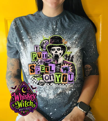I Put a Spell on You Bleached Tee – Spooky Skeleton Graphic Shirt