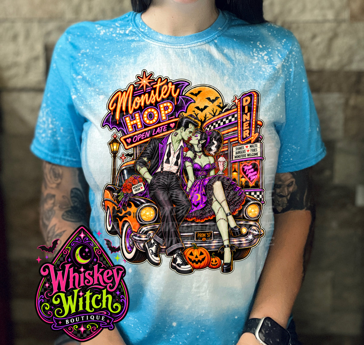 Monster Hop Halloween Shirt | Retro Frankenstein & Bride Diner Tee | Bleached Halloween T-Shirt