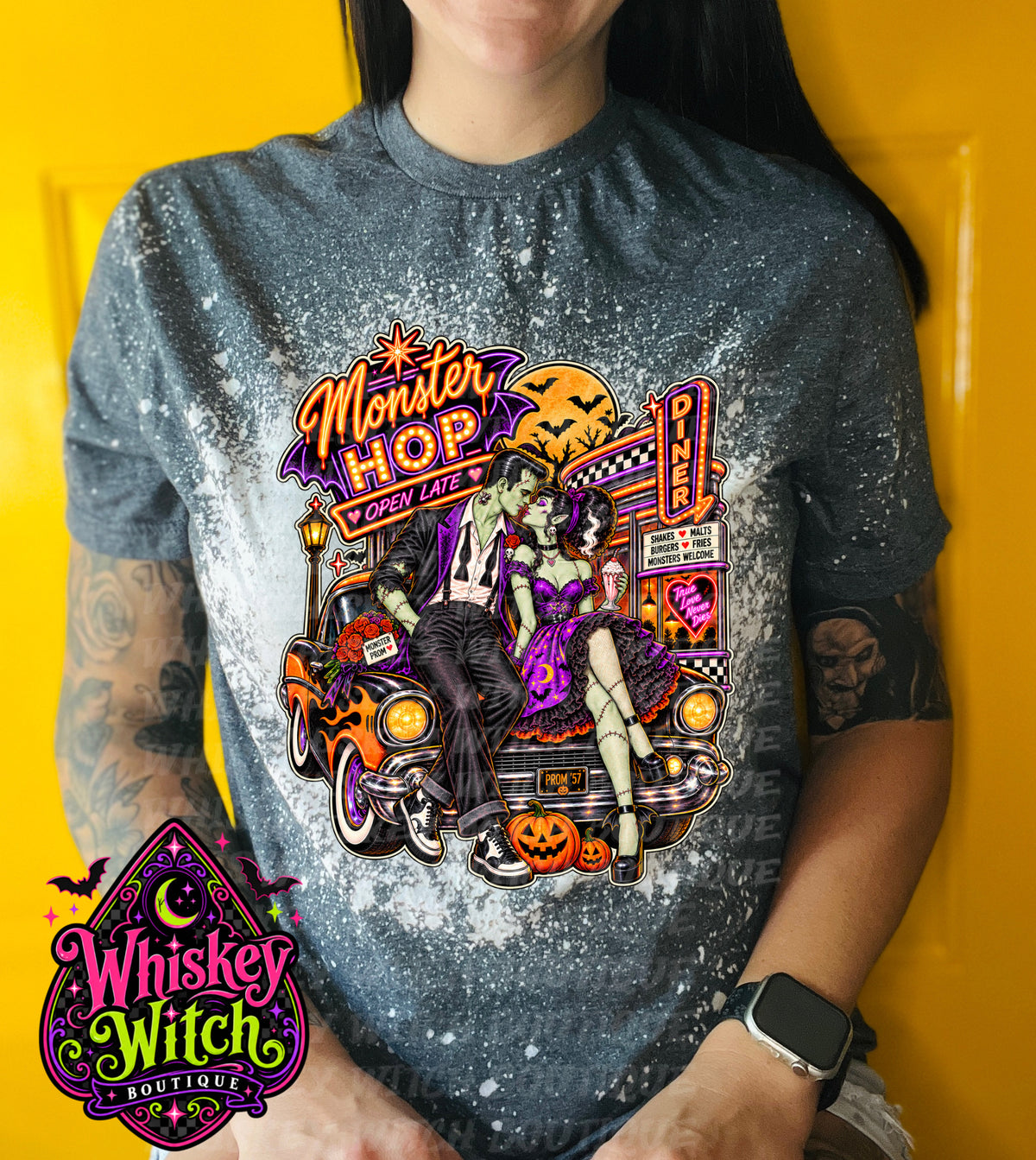 Monster Hop Halloween Shirt | Retro Frankenstein & Bride Diner Tee | Bleached Halloween T-Shirt