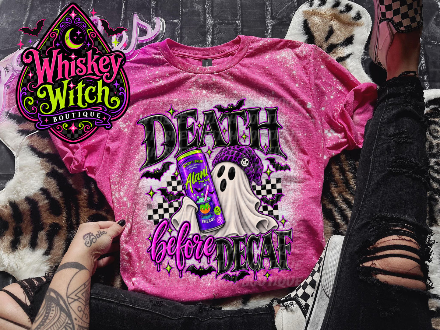 Death Before Decaf Ghost Shirt | Bleached Spooky Halloween Tee