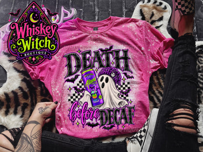 Death Before Decaf Ghost Shirt | Bleached Spooky Halloween Tee
