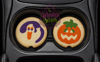 Halloween Sugar Cookie Car Coasters | Ghost & Pumpkin Cup Holder Coaster Set