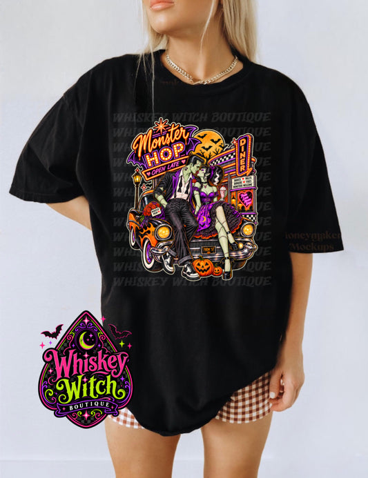 Monster Hop Halloween Shirt or Sweatshirt | Retro Frankenstein & Bride Diner Graphic Tee | Vintage Horror Halloween Top
