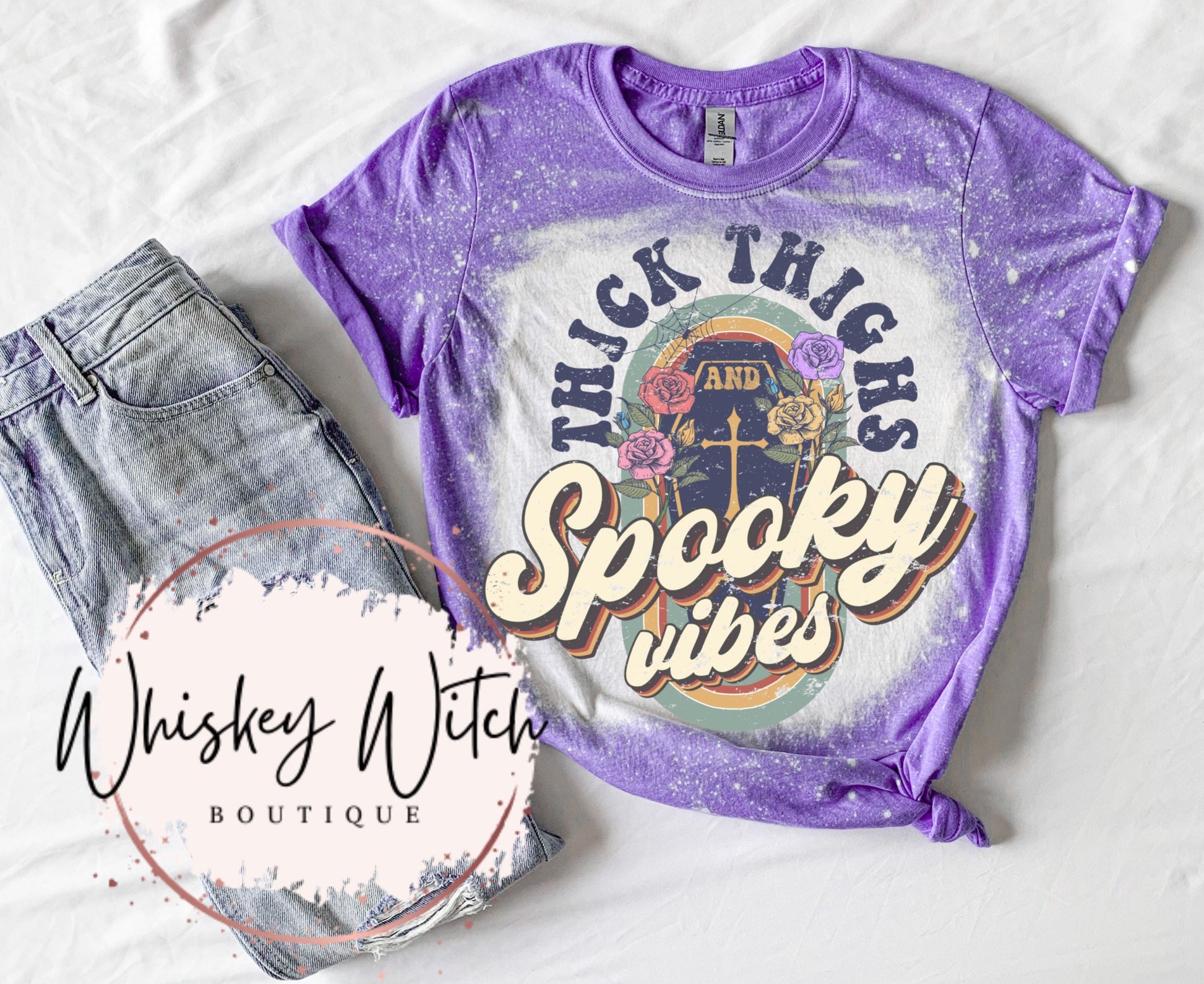 Thick Thighs & Spooky Vibes bleached t shirt | vintage | retro | distressed | custom | funny shirt | soft tee | spooky