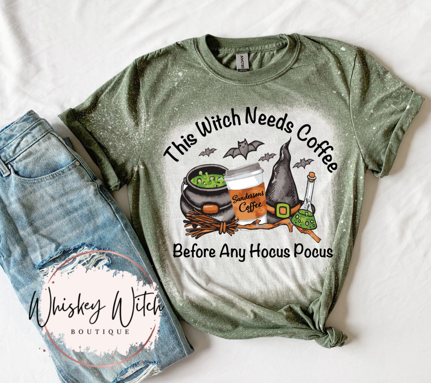 This Witch Needs Coffee Before Any Hocus Pocus bleached t shirt | vintage | retro | distressed | spooky | funny shirt | soft tee