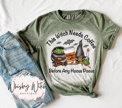 This Witch Needs Coffee Before Any Hocus Pocus bleached t shirt | vintage | retro | distressed | spooky | funny shirt | soft tee