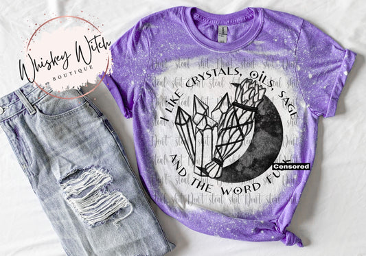 I like crystals, oil, sage and the word f*ck bleached t shirt | vintage | retro | soft tee | custom | funny shirt | spooky | witchy