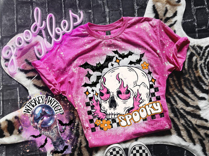 Bleached shirt Spooky Skull with Bats | vintage | retro | distressed | custom | funny | Halloween | gift | womens shirt | goth | skeleton