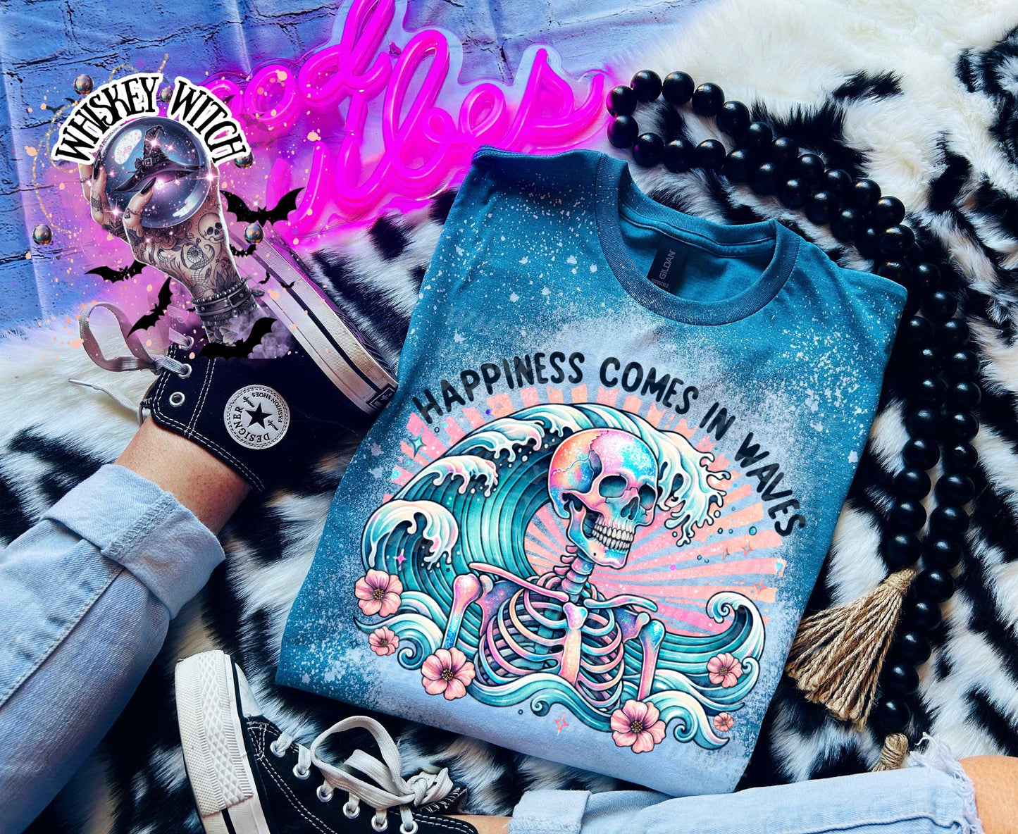 Happiness Comes in Waves vintage | retro | distressed | custom | funny shirt | Halloween | gift | snarky | goth | custom | summer | skull