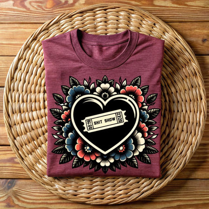 Maroon unisex t-shirt with ‘Shit Show’ ticket inside black heart, surrounded by vintage floral tattoo art
