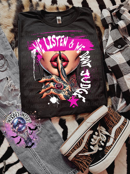 We Listen Don’t Judge T shirt | vintage | retro | distressed | custom | funny shirt | gift | snarky | goth | custom | mom | summer