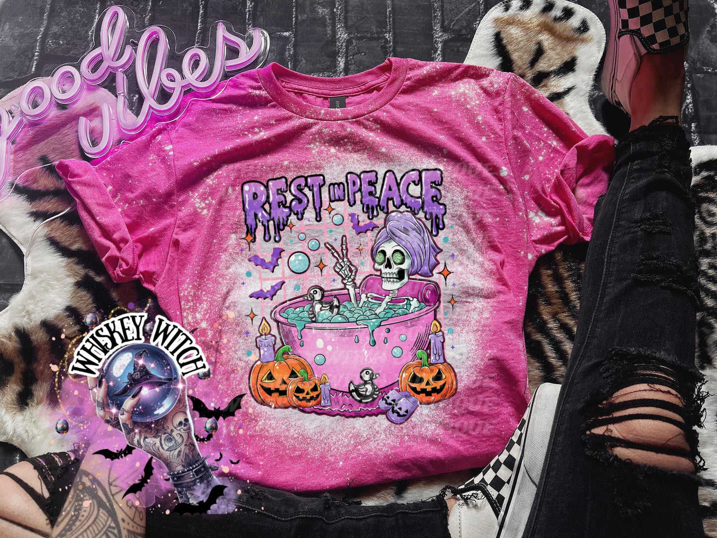 Bleached Shirt Rest in Peace Spooky Skeleton | funny T shirt | gift | tshirt | gift for her | snarky | sarcastic | soft tee | creepy