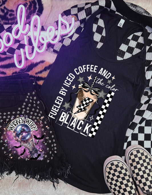 Spooky Fueled By Iced Coffee & The Color Black TankTop | cute summer shirt | Halloween | funny summer shirt | checkered