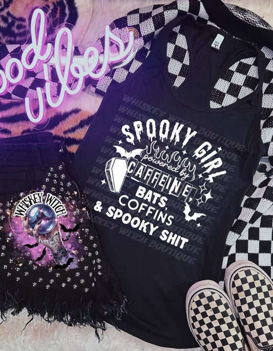 Spooky Girl Powered by Caffeine, Bats, Coffins Womens TankTop | cute summer shirt | Halloween | funny summer shirt | cute tank top