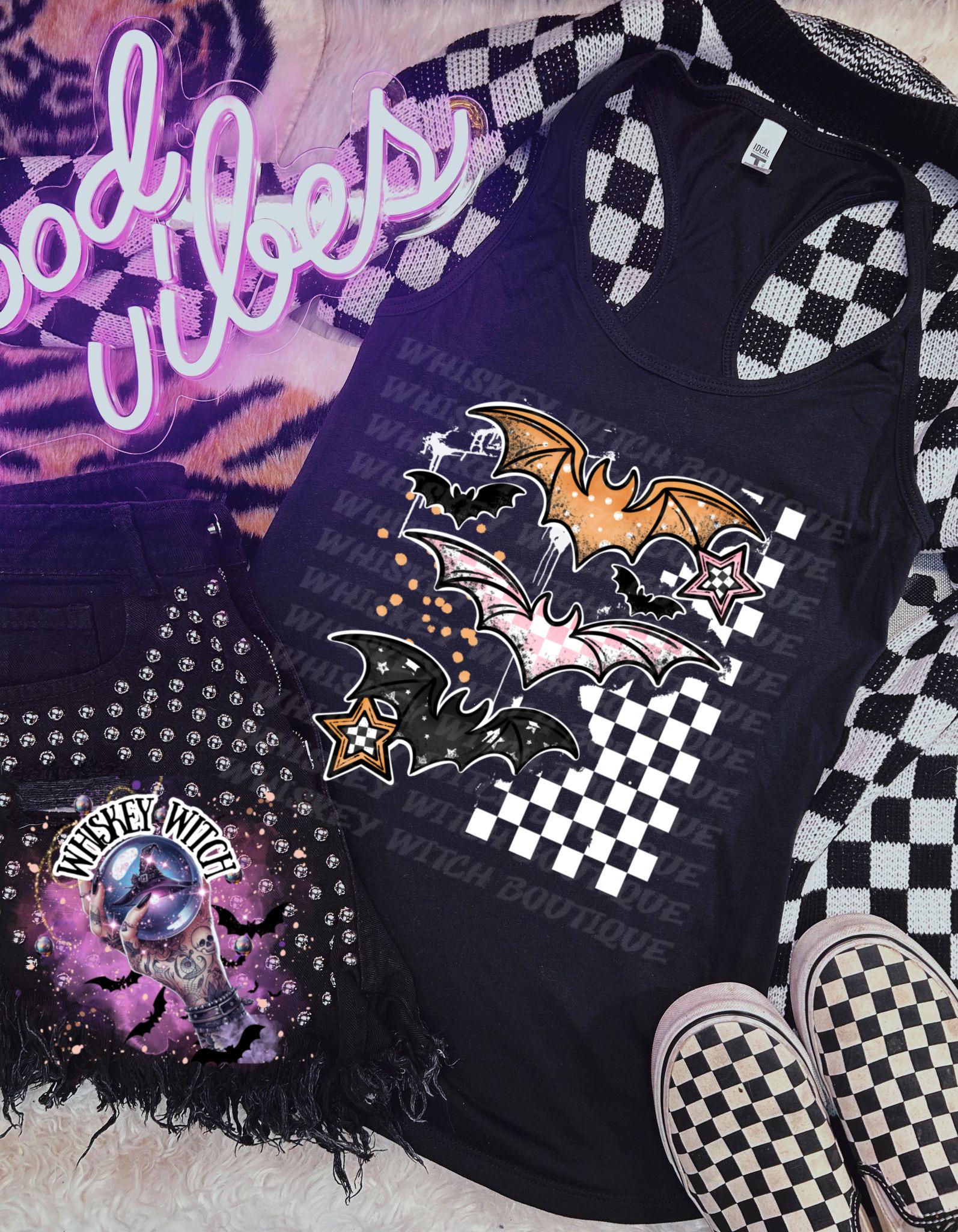 Spooky Grundge Pattern Bats checkered TankTop | cute summer shirt | Halloween | funny summer shirt | gift | Gift idea