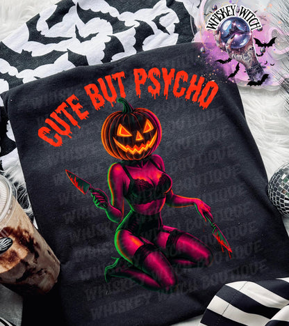 Funny Cute but Psycho Creepy Pumpkin Witchy Vintage Halloween Graphic Tee | Spooky season shirt | retro | vintage | comfy | gifts for her