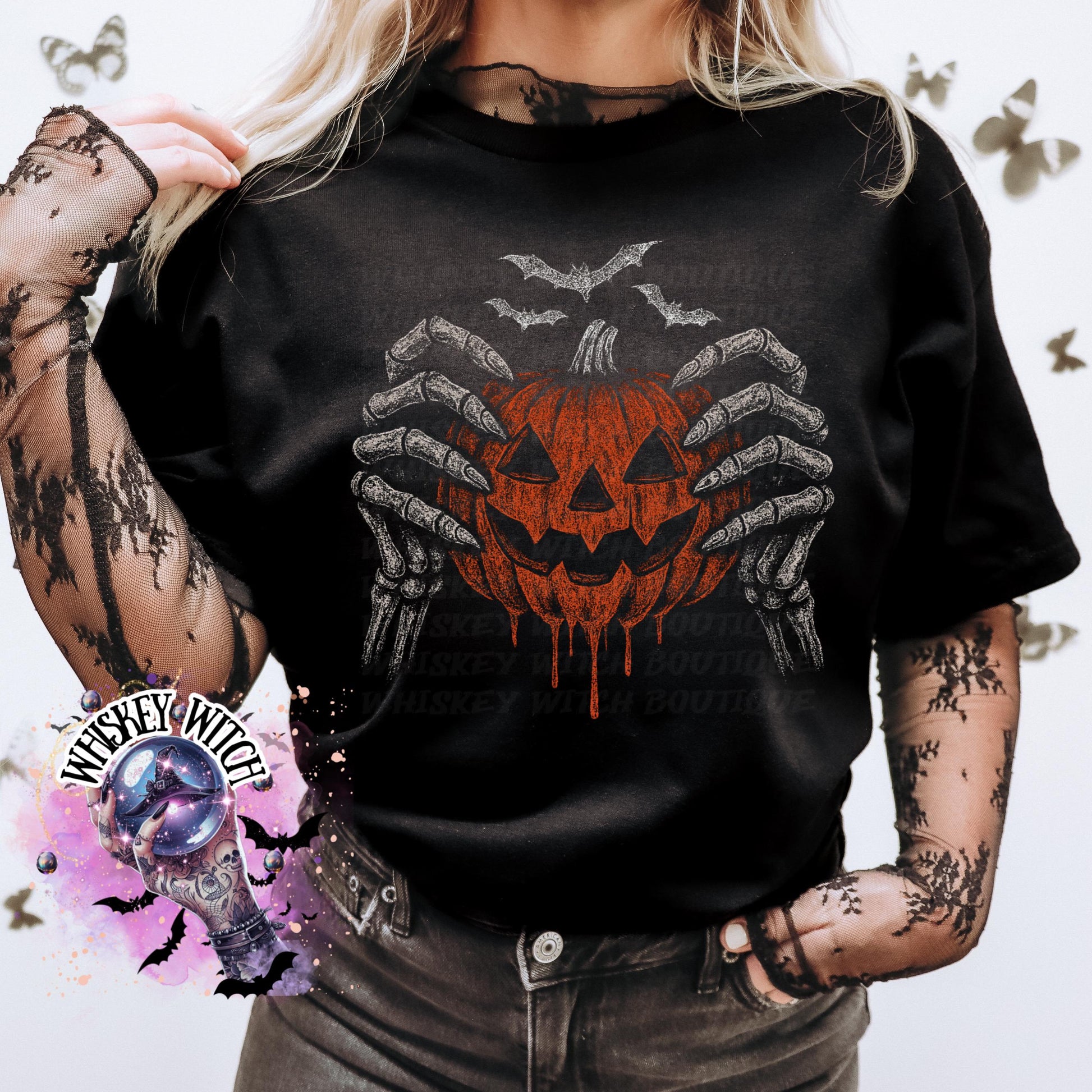 Spooky Skeleton Hands Creepy Pumpkin Witchy Vintage Halloween Graphic Tee | Spooky season shirt | retro | vintage | comfy | gifts for her