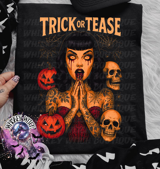 Trick or Tease cute horror Witchy Halloween Shirt | cute shirt | cozy | retro | vintage | comfy | gift | handmade | spooky | cozy tee