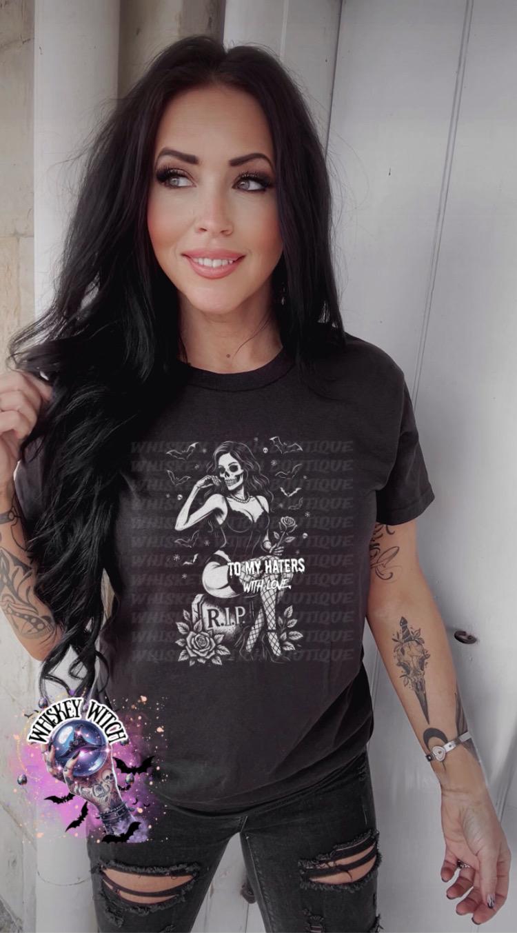Black unisex sweatshirt with ‘To My Haters With Love’ pinup skeleton, roses and RIP gravestone