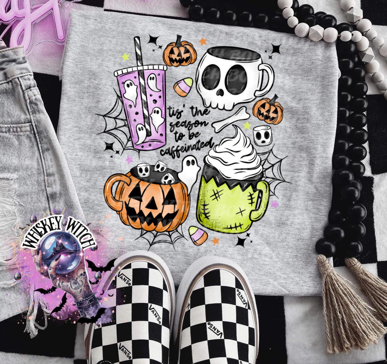 Tis The Season To Be Caffeinated funny Vintage Halloween coffee T Shirt, coffee Graphic Tee, Spooky Humor Shirt, retro Aesthetic Top