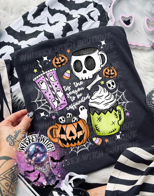 Tis The Season To Be Caffeinated funny Vintage Halloween coffee T Shirt, coffee Graphic Tee, Spooky Humor Shirt, retro Aesthetic Top