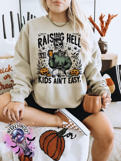 Raising Hell and Kids Ain’t Easy skeleton mom funny Vintage halloween T Shirt, spooky Graphic Tee, Spooky Humor Shirt, retro Aesthetic Top