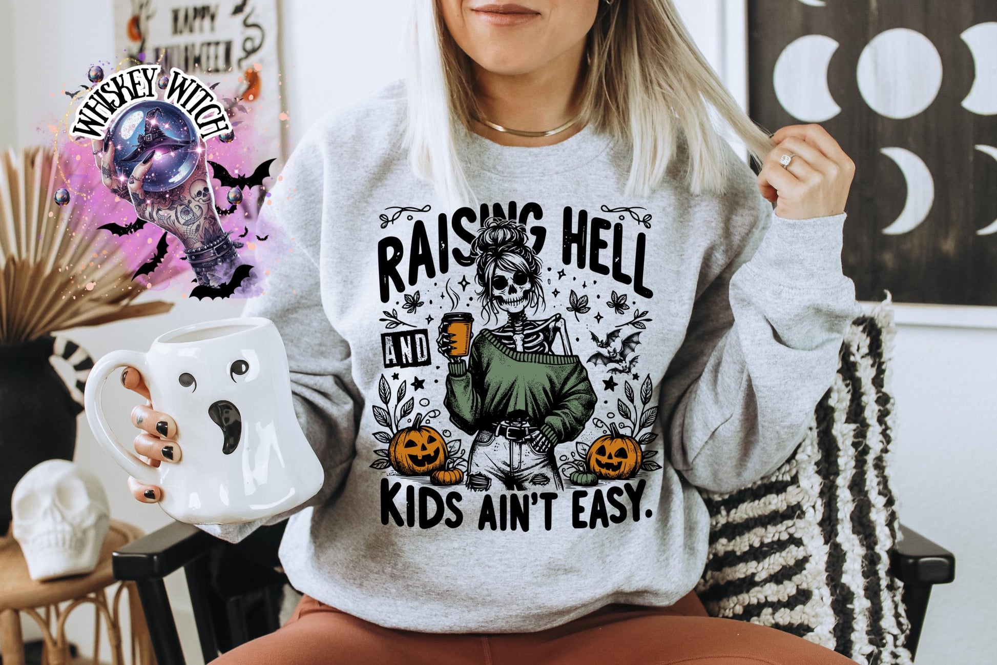 Raising Hell and Kids Ain’t Easy skeleton mom funny Vintage halloween T Shirt, spooky Graphic Tee, Spooky Humor Shirt, retro Aesthetic Top