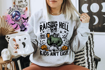 Raising Hell and Kids Ain’t Easy skeleton mom funny Vintage halloween T Shirt, spooky Graphic Tee, Spooky Humor Shirt, retro Aesthetic Top