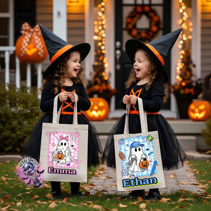 Custom Halloween Candy Tot Bags, personalized Halloween trick or treat bags