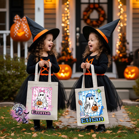 Custom Halloween Candy Tot Bags, personalized Halloween trick or treat bags