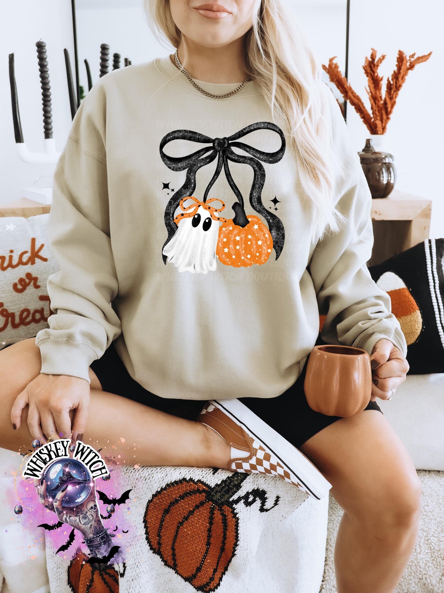 Cute Ghost and Pumpkin Sweatshirt | Cozy Halloween Bow Sweater | Spooky Season Crewneck | Fall Aesthetic Pumpkin Ghost Sweater