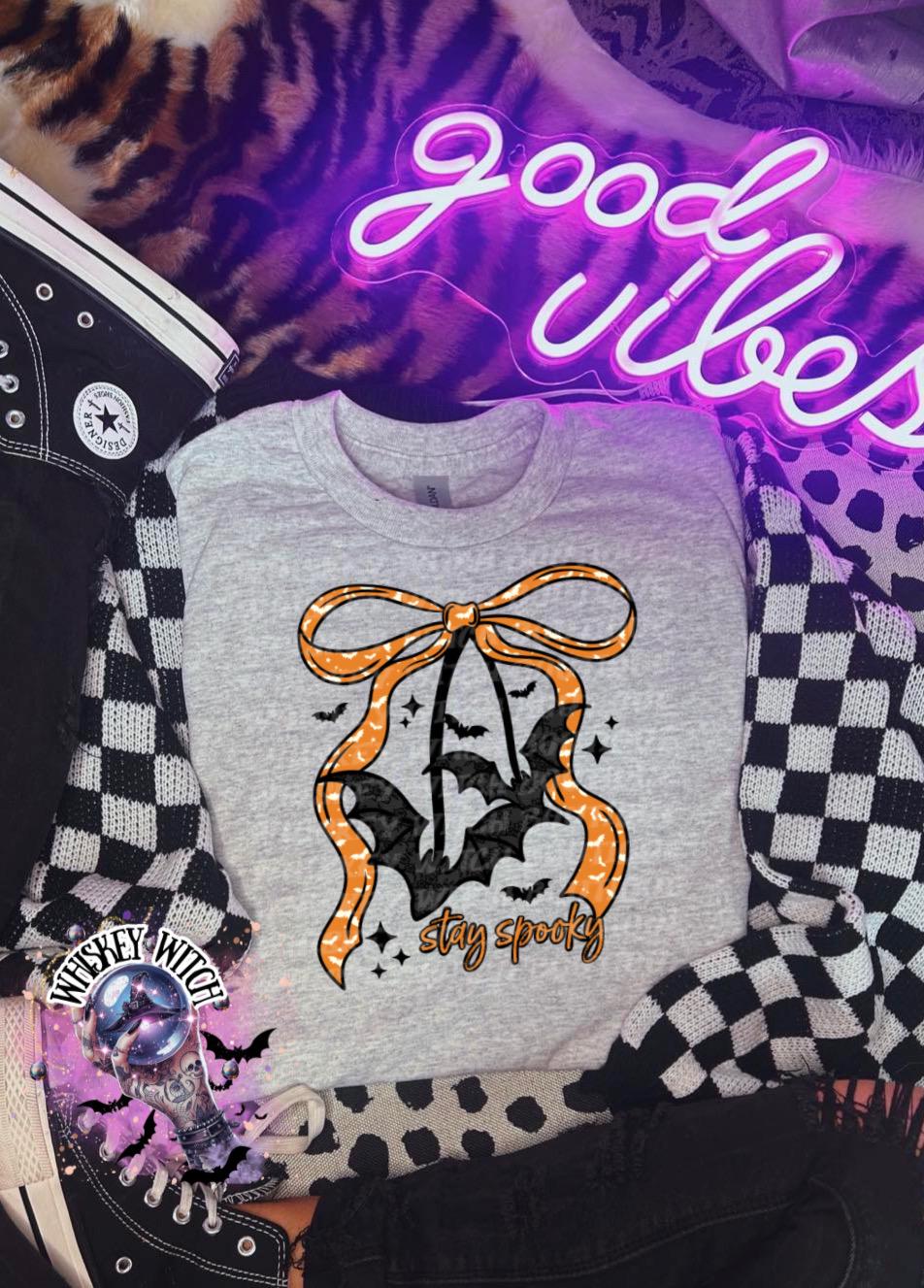 Stay Spooky Bat Sweatshirt | Cute Halloween Bow Sweater | Gothic Fall Crewneck | Cozy Spooky Season Shirt | Witchy Bat Sweatshirt