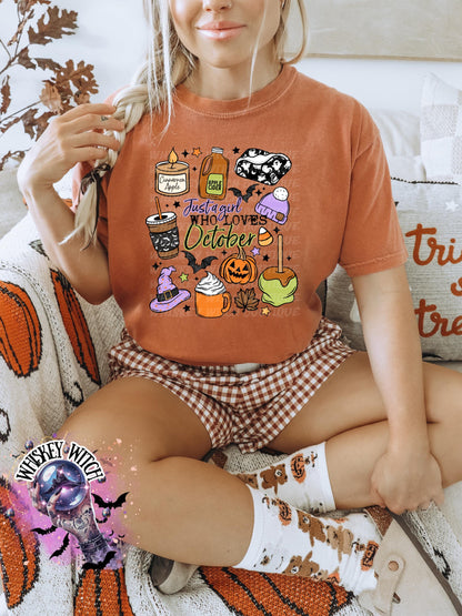 Just a Girl Who Loves October Shirt | Fall Aesthetic Tee | Spooky Season Halloween Shirt | Cozy Autumn Pumpkin Shirt | Witchy Fall Vibes