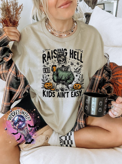 Raising Hell and Kids Ain’t Easy skeleton mom funny Vintage halloween T Shirt, spooky Graphic Tee, Spooky Humor Shirt, retro Aesthetic Top