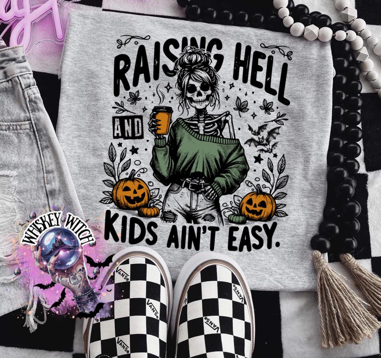 Raising Hell and Kids Ain’t Easy skeleton mom funny Vintage halloween T Shirt, spooky Graphic Tee, Spooky Humor Shirt, retro Aesthetic Top