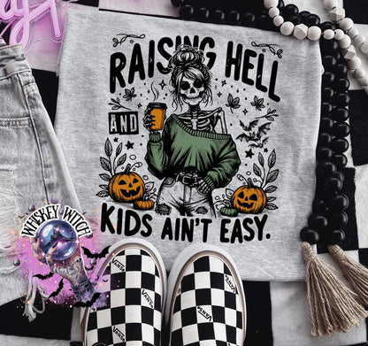Raising Hell and Kids Ain’t Easy skeleton mom funny Vintage halloween T Shirt, spooky Graphic Tee, Spooky Humor Shirt, retro Aesthetic Top