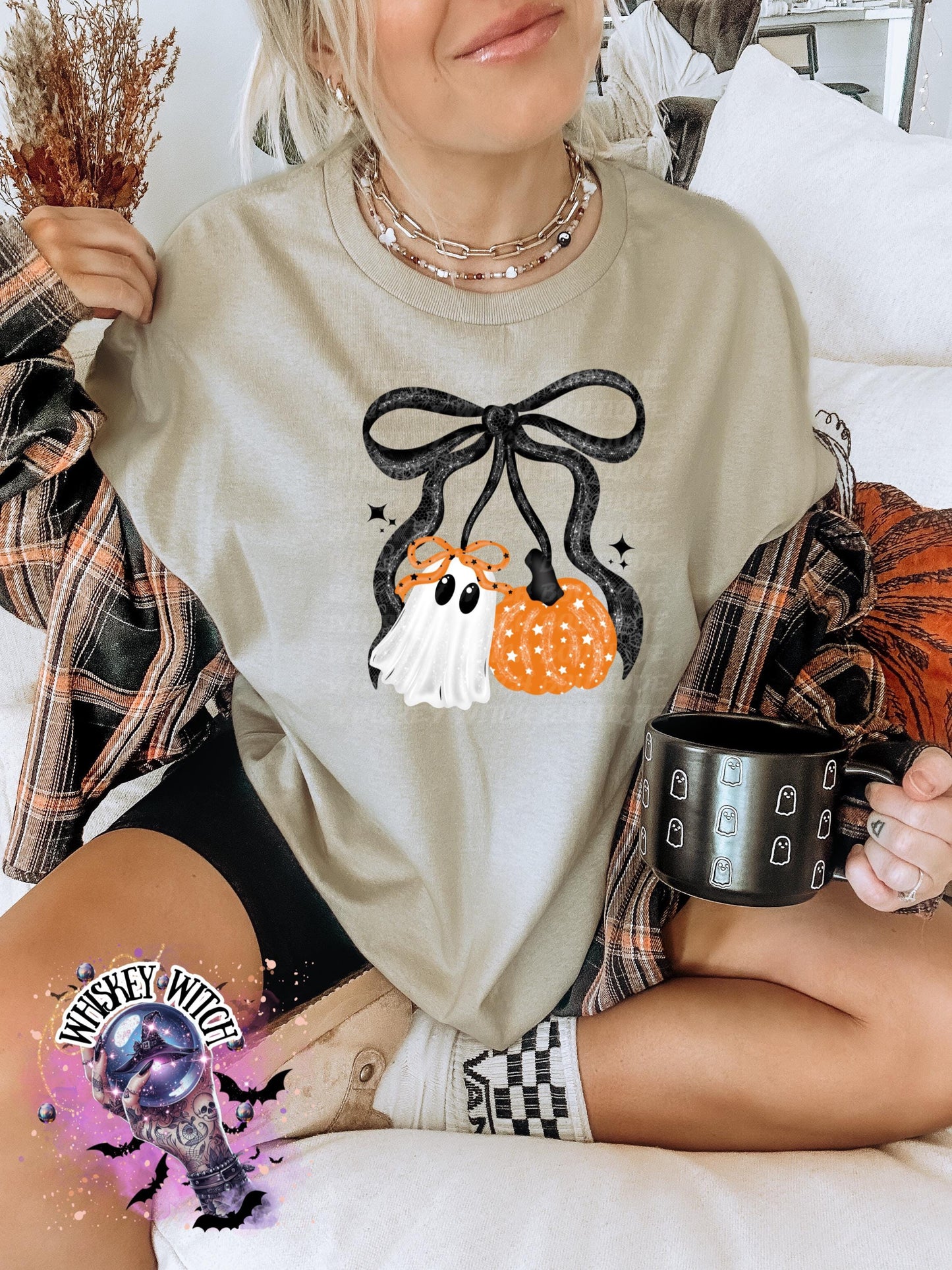 Cute Ghost and Pumpkin Sweatshirt | Cozy Halloween Bow Sweater | Spooky Season Crewneck | Fall Aesthetic Pumpkin Ghost Sweater