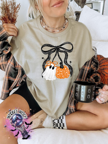 Cute Ghost and Pumpkin Sweatshirt | Cozy Halloween Bow Sweater | Spooky Season Crewneck | Fall Aesthetic Pumpkin Ghost Sweater