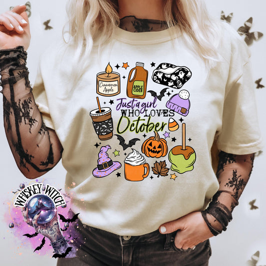 Just a Girl Who Loves October Shirt | Fall Aesthetic Tee | Spooky Season Halloween Shirt | Cozy Autumn Pumpkin Shirt | Witchy Fall Vibes