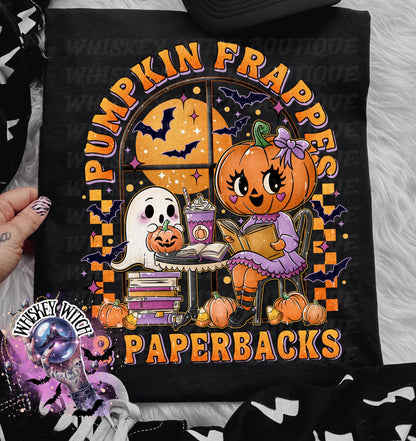 Pumpkin Frappes and Paperbacks Shirt | Cute Halloween Ghost & Pumpkin T-Shirt | Spooky Fall Coffee Book Lover Tee | Retro Autumn Graphic Shi